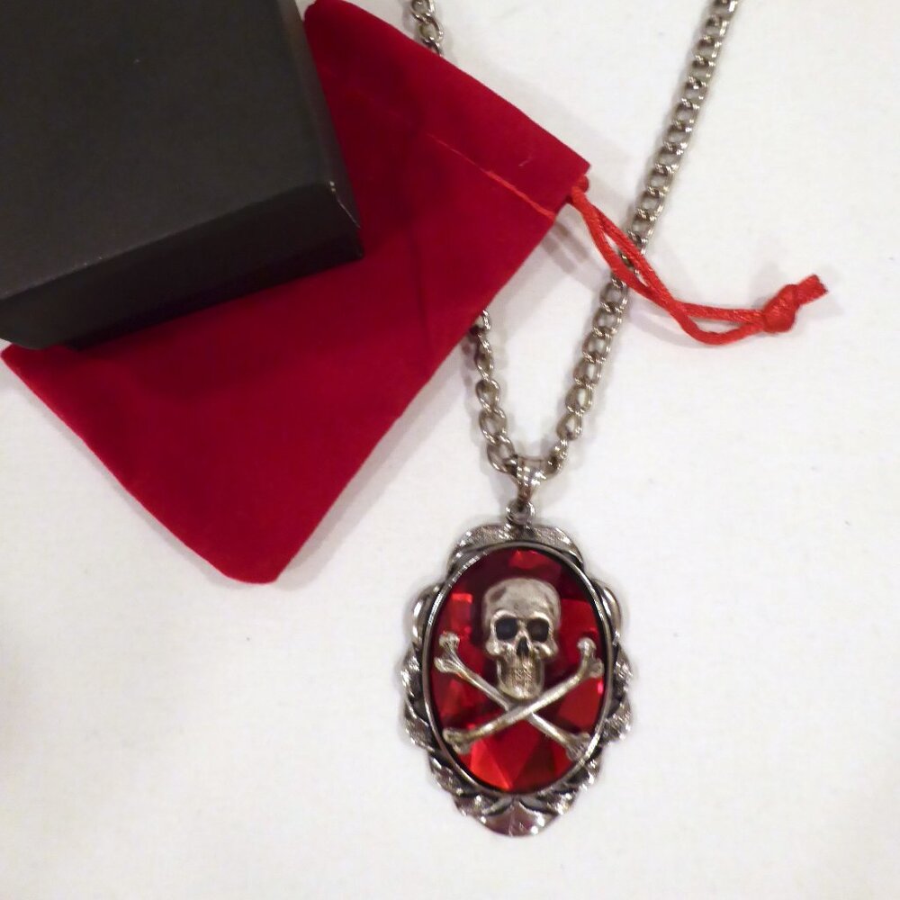 NEW SKULL CROSSBONES BLOOD RED JEWEL PENDANT W/ SILVER 20” CHAIN GOTHIC